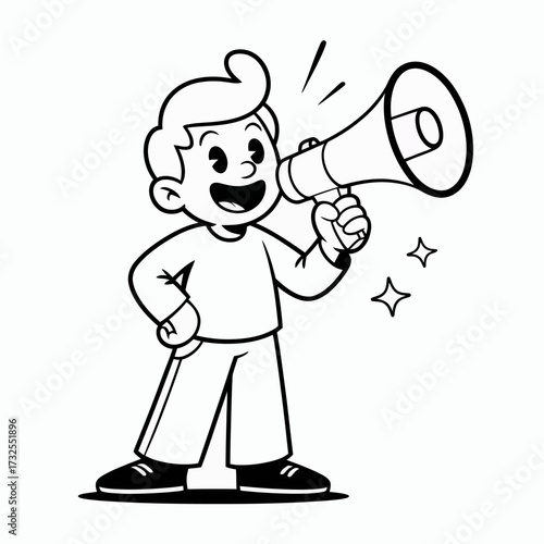 A joyful young boy holds a megaphone, showcasing enthusiasm and the urge to promote excitement around him, perfect for themes of community and youthful engagement.