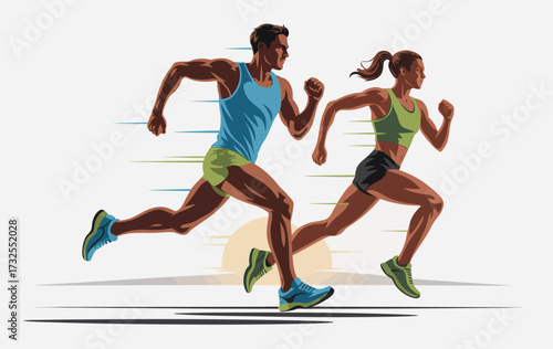 A pair of focused runners push through their limits, showcasing determination and speed with a vibrant backdrop and energetic colors that capture a sense of motion and intensity.