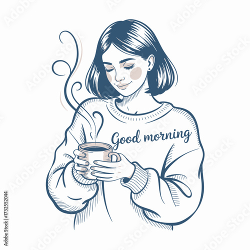A serene illustration of a woman holding a steaming cup of coffee, radiating warmth and positivity, captured in a cozy atmosphere that evokes comfort and joy.