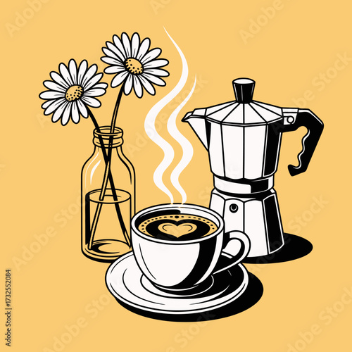 A warm coffee cup with creative heart art, beautifully paired with fresh daisies under a sunny yellow backdrop, capturing the joy of simple pleasures in life.
