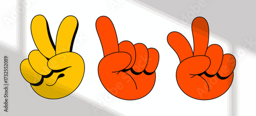 This illustration showcases a series of colorful hand gestures, symbolizing peace and positivity, enhancing the mood with bright colors and engaging emotions.