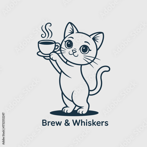 Featuring 'Brew & Whiskers', this delightful cat illustration holds a small coffee cup, perfect for promoting coffee shops or as a logo for cat cafes. It's adorable and engaging!