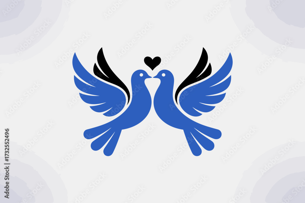 Obraz premium Two beautifully designed doves kissing, featuring sleek lines and a heart symbol between them, conveying a message of love and connection in modern graphic art.