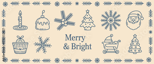 A charming, classic holiday-themed design showcasing Santa, trees, and snowflakes on a soft beige background, encapsulating the spirit of Christmas in a whimsical graphic style.