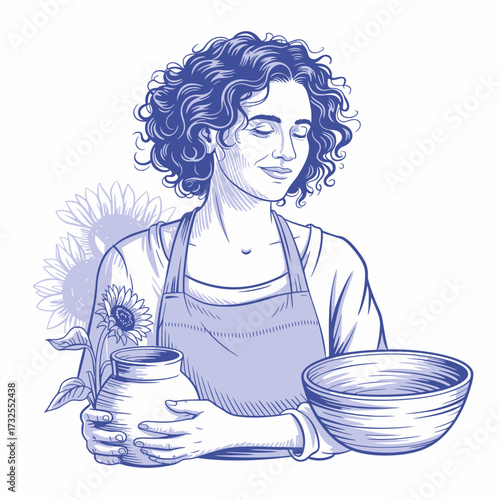 A joyful woman cradles a flower pot and a bowl, representing nurturing and growth, with an aura of tranquility and connection to both nature and domesticity.