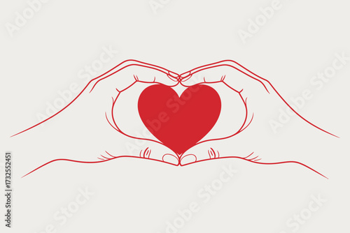 Two hands creating a heart shape that encloses a vibrant red heart, symbolizing love, unity, and affection in a beautifully simplified, modern design.