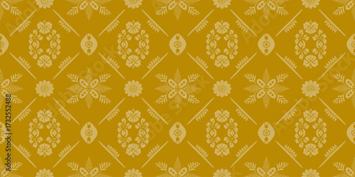 This artistic image features ornamental floral designs set against a rich golden background, creating a luxurious and timeless atmosphere suitable for various design projects.