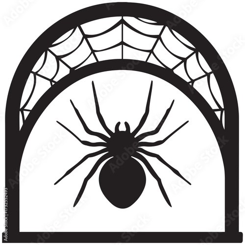 Black silhouette of a spider and web within an arched frame