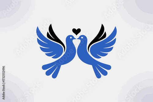 Two beautifully designed doves kissing, featuring sleek lines and a heart symbol between them, conveying a message of love and connection in modern graphic art.