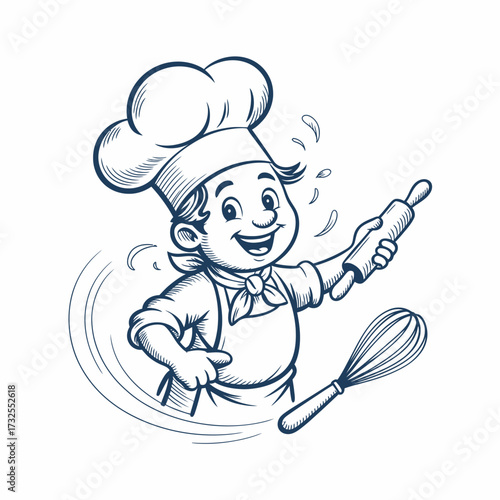 This vibrant illustration captures a cheerful cartoon chef, complete with a chef hat and a rolling pin in hand, embodying the joy of cooking and creativity in the kitchen.