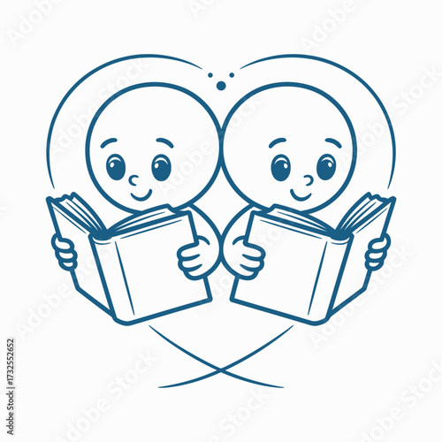 This delightful illustration features two happy kids reading together, symbolizing shared interests and the joy of learning through reading within a heart-shaped design.