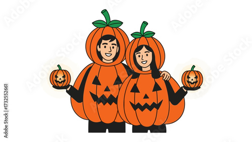 Spirited Halloween Duo: A couple radiates the spooky spirit of Halloween, decked in carved pumpkin costumes and holding miniature jack-o'-lanterns, ready to celebrate the enchanting festival.