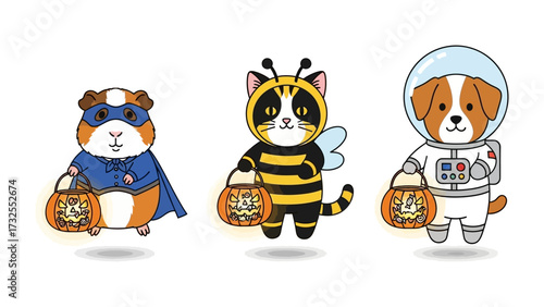 Costume Crew: Adorable animal friends embrace the Halloween spirit in charming costumes, each clutching a pumpkin bucket ready for trick-or-treating.