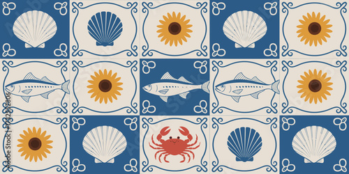 A playful underwater-themed pattern featuring fish, shells, and sunflowers, embodying the lively spirit of marine life in an artistic and whimsical design.