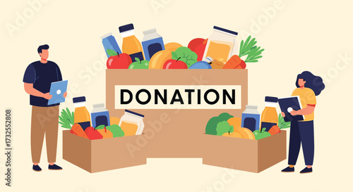 Volunteers organizing food items for donation to help the community.