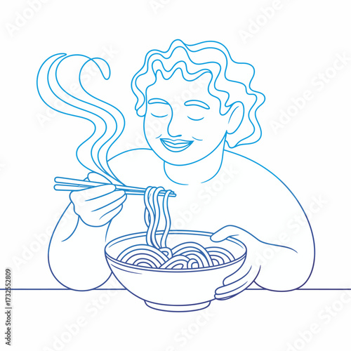 An illustration featuring a child savoring a bowl of noodles, capturing the joy and warmth of comfort food, highlighting the happiness that shared meals bring to moments.