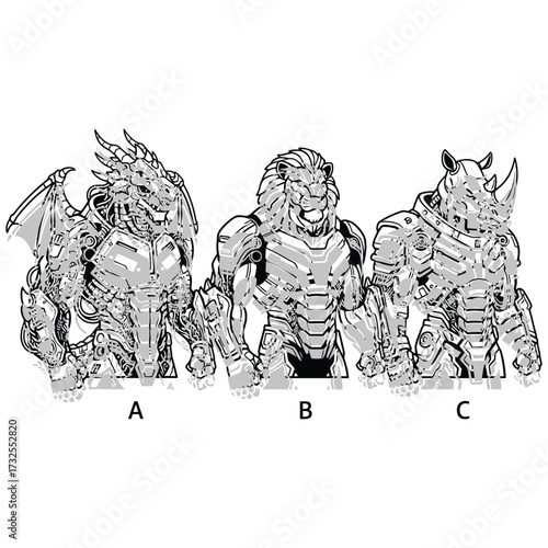 Three humanoid mascots side by side with futuristic visor in armor muscular humanoid bodies esport mascot style, flat black and white vector, no gradients