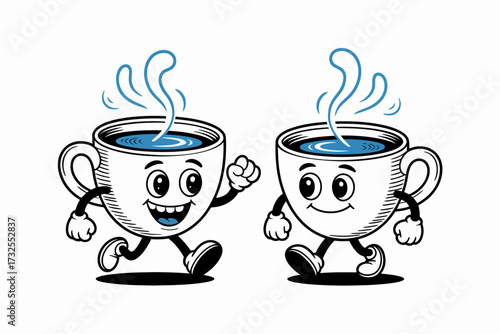 Two happy coffee cups in a playful stance, embodying joy and companionship with whimsical expressions and steam, perfect for representing cozy gatherings.