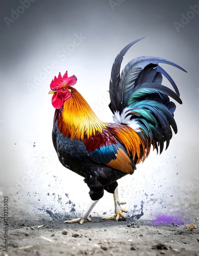 Vibrant Rooster Strutting with Colorful Feathers Against a Gray Background