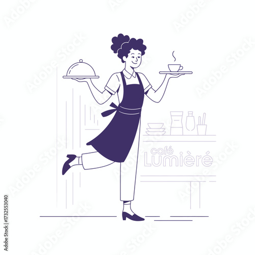 An enthusiastic server at Cafe Lumiere presents food and drink, exuding passion and warmth, ready to deliver a delightful dining experience with a smile.