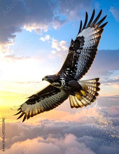 Majestic Hawk Soaring Above Clouds at Sunrise with Dramatic Sky