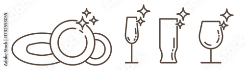 Dishes and glasses clean icons set. Simple line symbols of plates and cups isolated on transparent background. Perfect for hygiene, dishwashing, kitchen care, cleaning service and household themes.