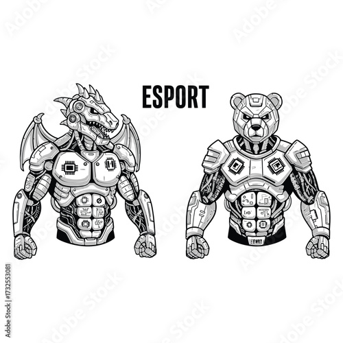 Two humanoid mascots standing together heavy futuristic armor  muscular humanoid bodies