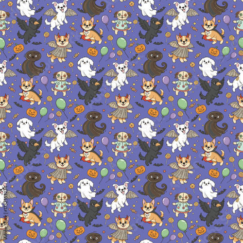 Happy halloween party seamless pattern background with cute puppy dog wearing halloween costume, spooky pumpkin and smiling bat. Holidays cartoon character. -Vector