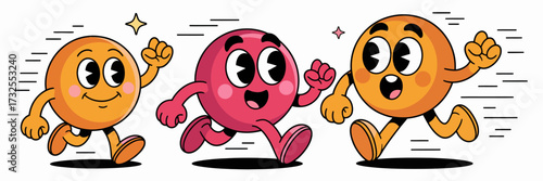 Three vibrant and energetic characters, joyfully running and celebrating friendship, showcasing a cheerful and dynamic atmosphere that invokes a sense of fun and movement.