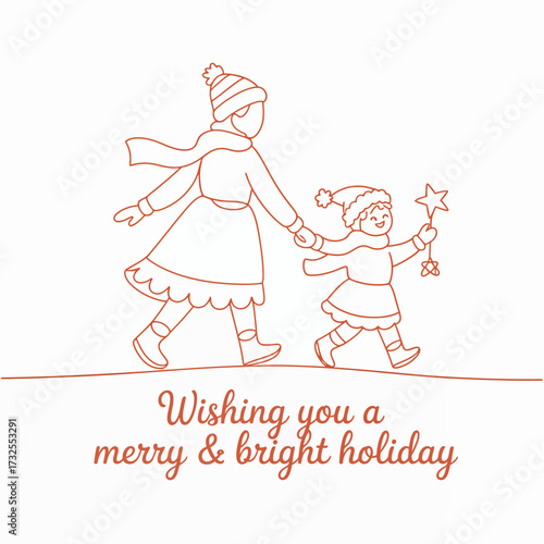 A heartwarming illustration of a mother and child walking together in the winter, highlighting the festive cheer and togetherness of the holiday season.