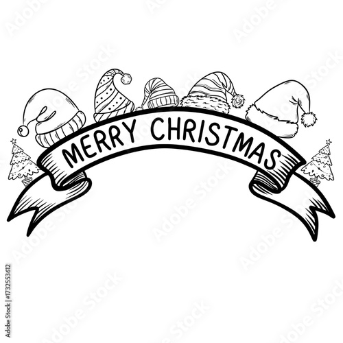 Merry Christmas Ribbon Banner Line Art, Holiday Greeting Label, Hand Drawn Festive Decoration Vector