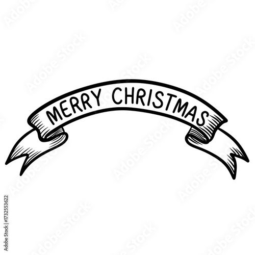 Merry Christmas Ribbon Banner Line Art, Holiday Greeting Label, Hand Drawn Festive Decoration Vector