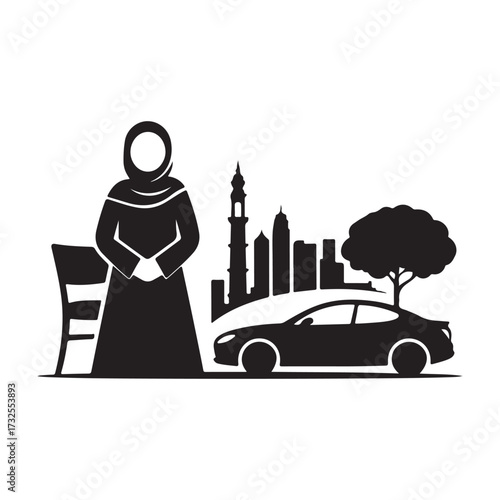 Woman in traditional islamic clothing standing next to a modern car with a city skyline silhouette