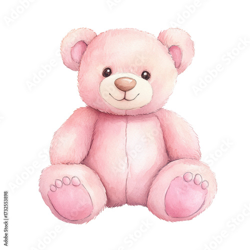 Adorable pink teddy bear watercolor illustration on a transparent background. Childhood Comfort — soft toy concept.