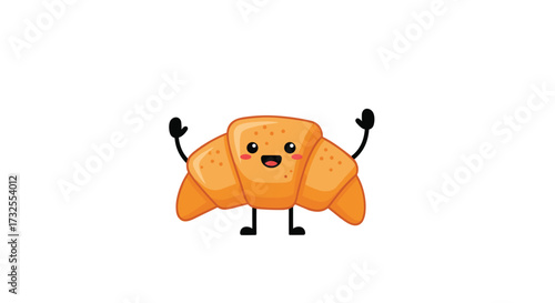 A cute and happy croissant character waving its arms in a playful manner.