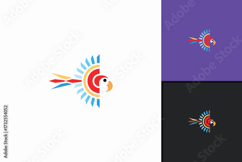 Abstract parrot bird logo, colorful tribal inspired design, tropical exotic symbol, modern geometric emblem, creative nature illustration with cultural artistic concept.