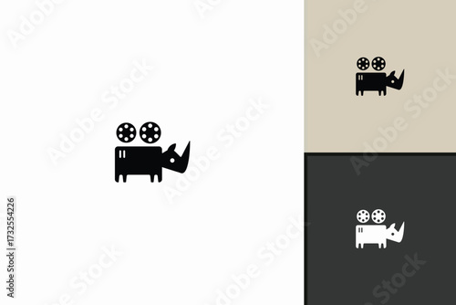 Rhinoceros film camera logo vector with creative animal cinema emblem, unique movie projector design, abstract wildlife illustration, modern filmmaking branding identity icon