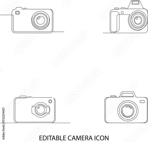 Four simple line art cameras showing different angles and styles photographic equipment