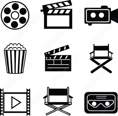 cinema, movie, film, icon, set, glyph, entertainment, hollywood, production, video, media, festival, theater, show, director, actor, actress, producer