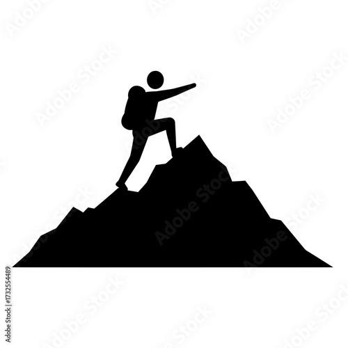 Climber on a mountain peak vector icon. A concept for achieving goals, success, and leadership.
