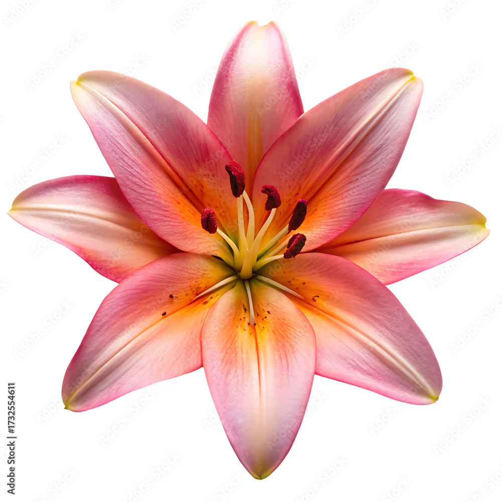 Naklejka premium Pink and Orange Lily Flower Close- Up Macro Detail Isolated on Black petals isolated on a transparent background