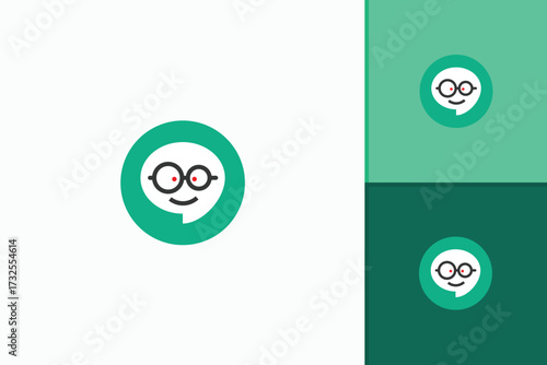 Character logo with glasses symbolizing intelligence, knowledge, learning, creativity, identity, education, innovation, technology, friendliness, communication, professionalism, and branding.