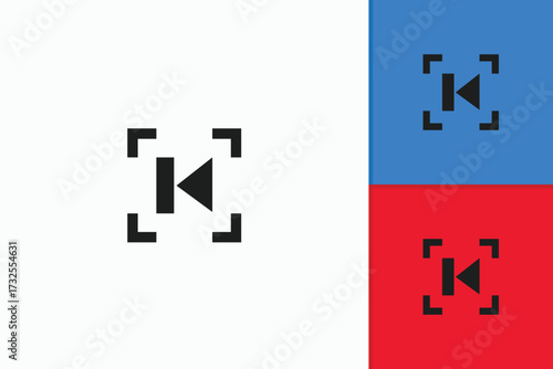 Letter K logo with abstract triangle and bar inside square frame symbolizing navigation, photography, recording, identity, creativity, innovation, branding, minimalism, technology, and progress.