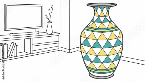Colorful Triangle Mosaic Geometric Pattern on Ceramic Vase in Modern Minimalist Living Room 
