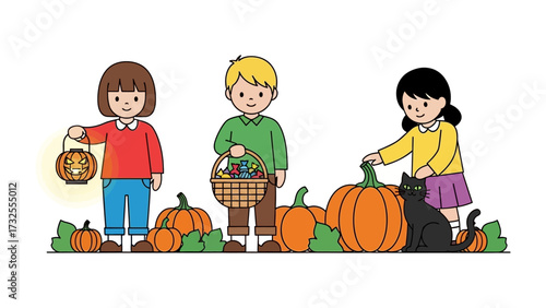 Harvest Fun: A trio of children, engaged in a spirited autumn celebration amidst vibrant pumpkins, a whimsical black cat, and a jack-o'-lantern, embody the spirit of Halloween and fall. 