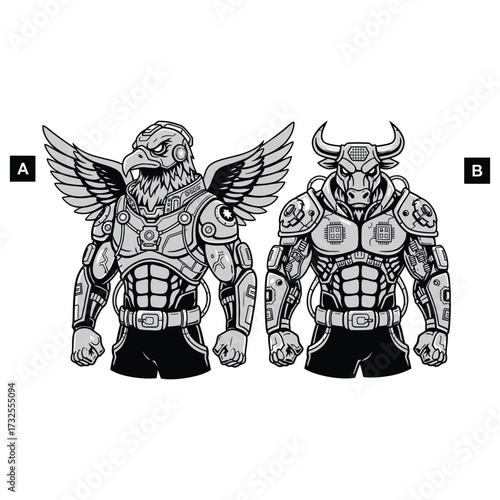 Two humanoid mascots standing together heavy futuristic armor  muscular humanoid bodies