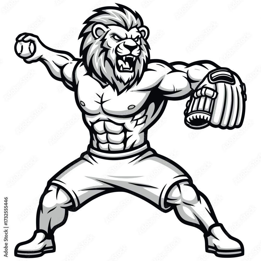 Fototapeta premium A close-up mascot illustration with muscular torso black and white only, flat vector, no gradient, bold outlines, clean illustration