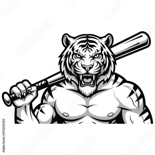 A close-up mascot illustration of a tiger head with muscular torso