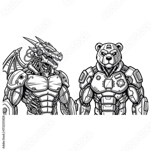 Two humanoid mascots standing together heavy futuristic armor  muscular humanoid bodies