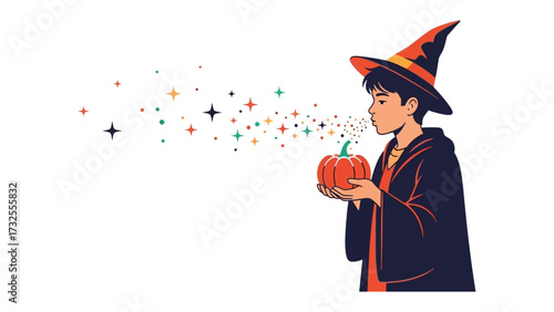 A Magical Pumpkin: An illustration of a young wizard, conjuring sparkling magic from a pumpkin, wearing a pointed hat and robe. Embracing the mystical spirit of spellbinding.